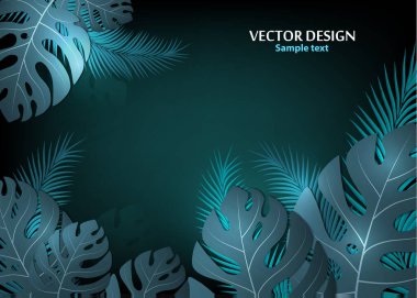 Tropik canavar yaprakları ve palmiye yaprakları olan vektör arkaplan. Pankart, el ilanı veya metin veya amblem için kopya alanı ile kaplanmış parlak soyut arkaplan - vektör grafikleri