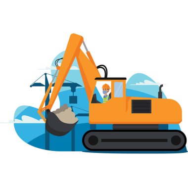 İnşaat işçisi tıbbi maske kullanırken inşaat aracını kontrol ediyor