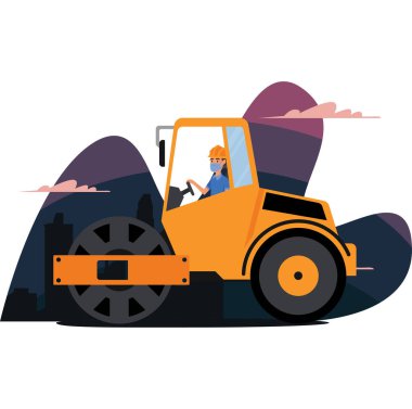 İnşaat işçisi tıbbi maske kullanırken inşaat aracını kontrol ediyor