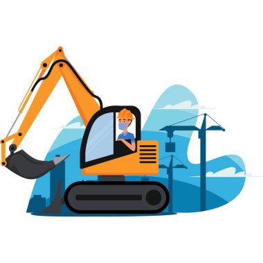 İnşaat işçisi tıbbi maske kullanırken inşaat aracını kontrol ediyor