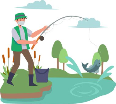 Tıbbi maske takan bir adam gölde yalnız balık tutuyor.