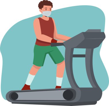 Adam sağlık maskesi kullanırken koşu bandında spor yapıyor.