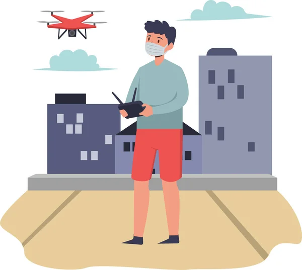 Tıbbi Maske Takan Bir Adam Dışarıda Dron Oynuyor — Stok fotoğraf