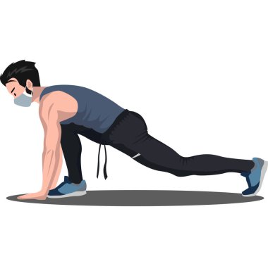 Bir adam tıbbi maske çizimi yaparken fitness pozu vermiş.