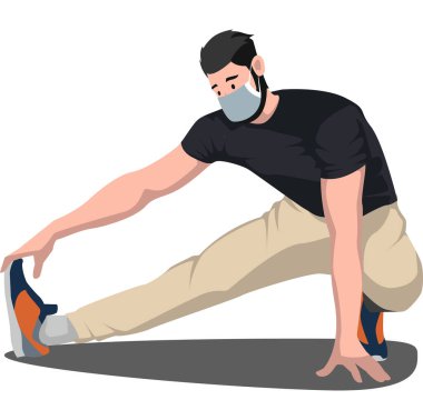 Bir adam tıbbi maske çizimi yaparken fitness pozu vermiş.