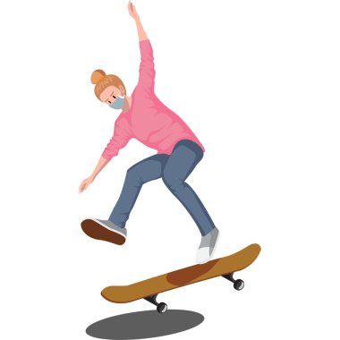 Tıbbi maske çizimi yaparken kaykay oynayan bir kadın.