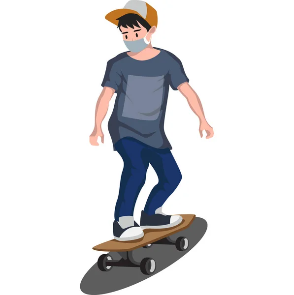 Mladý Chlapec Hraje Skateboard Při Použití Lékařské Masky Ilustrace — Stock fotografie
