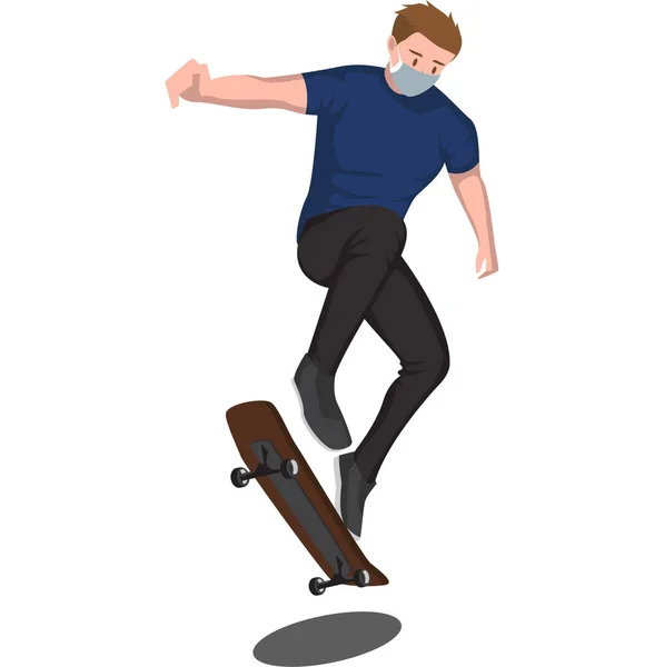 Muž Hraje Skateboard Při Použití Lékařské Masky Ilustrace — Stock fotografie