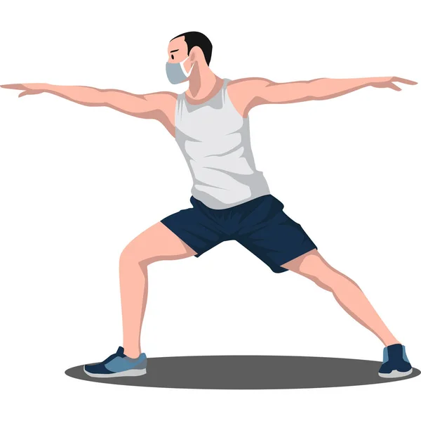 Bir adam tıbbi maske çizimi yaparken fitness pozu vermiş.