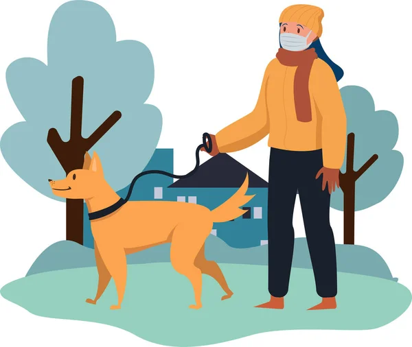 冬の季節に犬と外を歩いている女性 — ストック写真
