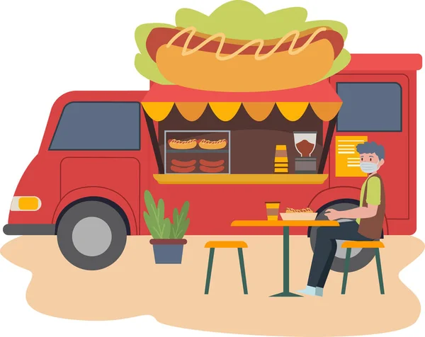 Foodtruck Verkauft Hotdog Komplett Mit Stuhl Und Tisch Zur Kundenillustration — Stockfoto