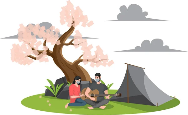 一对夫妇在外面露营的时候弹奏音乐 — 图库照片