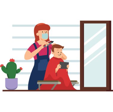 Berber kadın her zamanki gibi berber dükkanında çalışırken tıbbi maske takmaya devam ediyor.