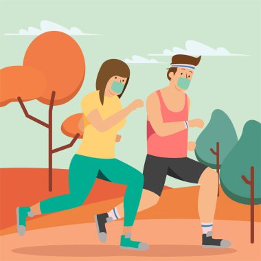 Kadın ve erkek dışarıda birlikte koşarken tıbbi maske takmaya devam ediyorlar.