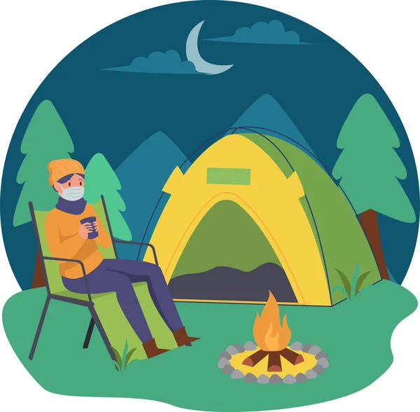 Man Enjoying Hot Drink While Camping Alone — Stock Photo, Image