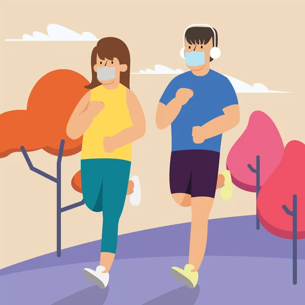 女と男は医療マスクを使用しながら外で一緒にジョギングしている — ストック写真