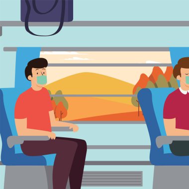 Tıbbi maske takıp trenle seyahat eden bir adam.