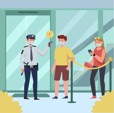 Güvenlik, alışveriş merkezinin girişindeki müşterilerin vücut ısılarını kontrol ediyor.