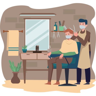 Bir adam berber dükkanında saçını keserken tıbbi maske takıyor.