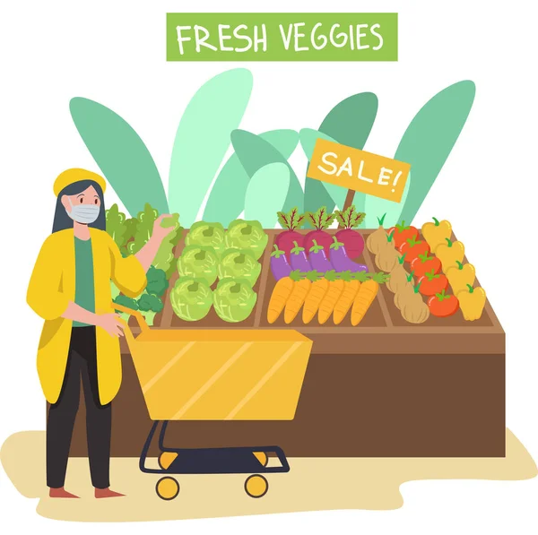 Žena Kupující Čerstvou Zeleninu Obchodě Potravinami Zatímco Stále Používají Lékařskou — Stock fotografie
