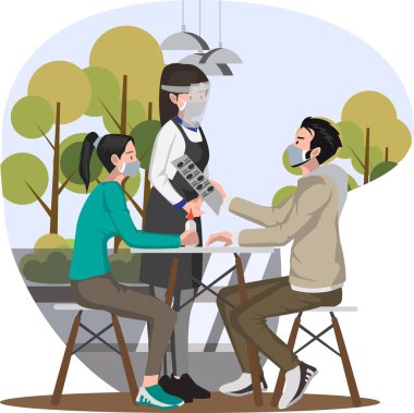 Müşteriler yemek siparişlerini garson kıza veriyorlar.