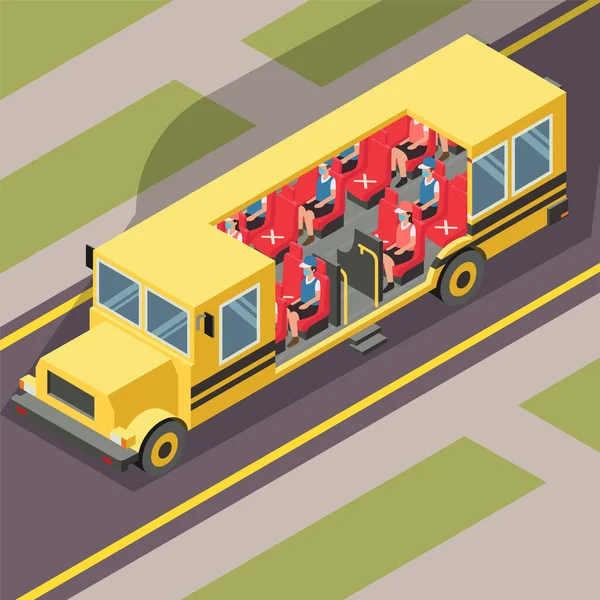 Uczniowie Zachowują Dystans Podczas Korzystania Autobusu Szkolnego Podczas Nowej Normalnej — Zdjęcie stockowe