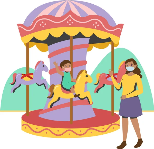 Genç kız atlıkarıncada oynuyor. Annesiyle gezip tozuyor.