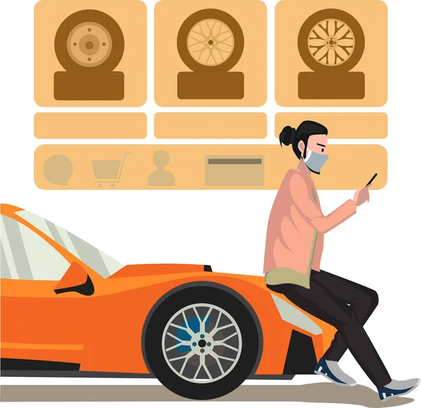 Ein Mann Wählt Neue Reifen Für Sein Auto Über Online — Stockfoto