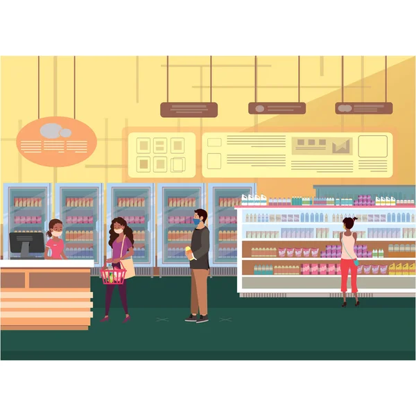 İnsanlar markette kasiyerlik yaparken mesafelerini koruyorlar.