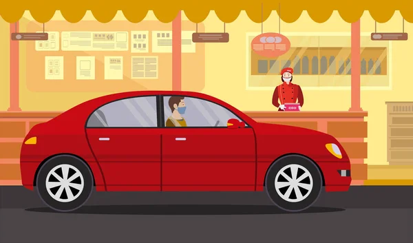 Ein Mann Kauft Seine Mahlzeiten Über Eine Autofahrt Durch Illustration Stockbild