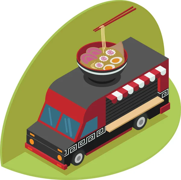 Kamyonun sembolü olarak bir kase ramen heykeli olan havalı ramen kamyoneti.