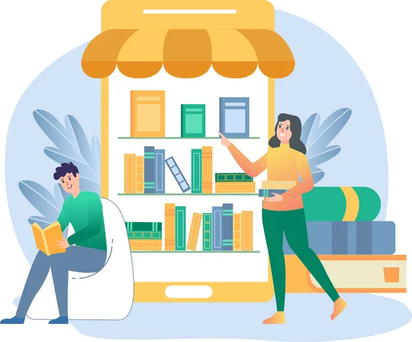 Man and woman are buying books from book online store illustration