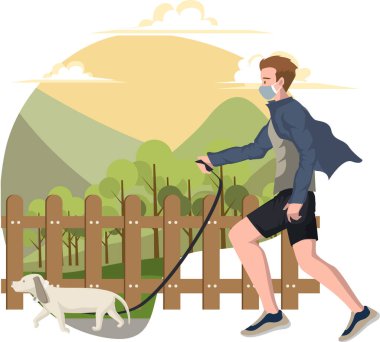 Bir adam köpek çizimiyle dışarıda koşuyor.