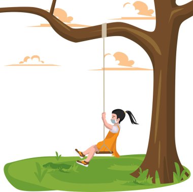 Sağlık maskesi takan genç bir kız parkta tek başına salıncak oynuyor.