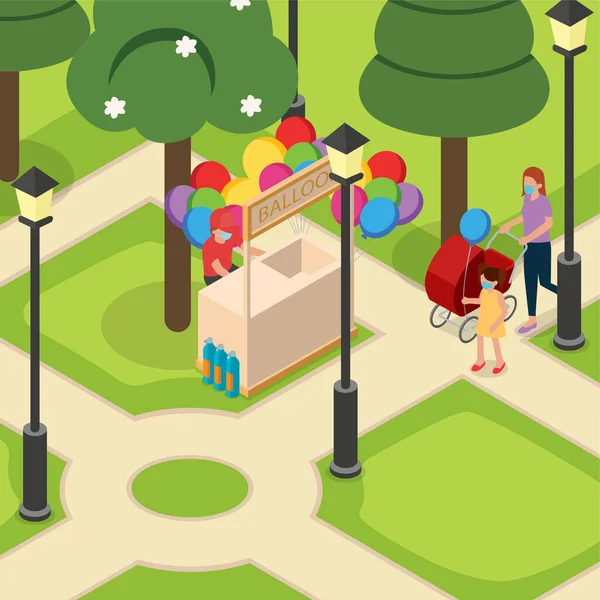 Mom and her childs are having fun at public park illustration