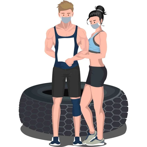 Illustration Couple Body Builder Using Medical Mask Gymnastic Clothes — Stock Photo, Image