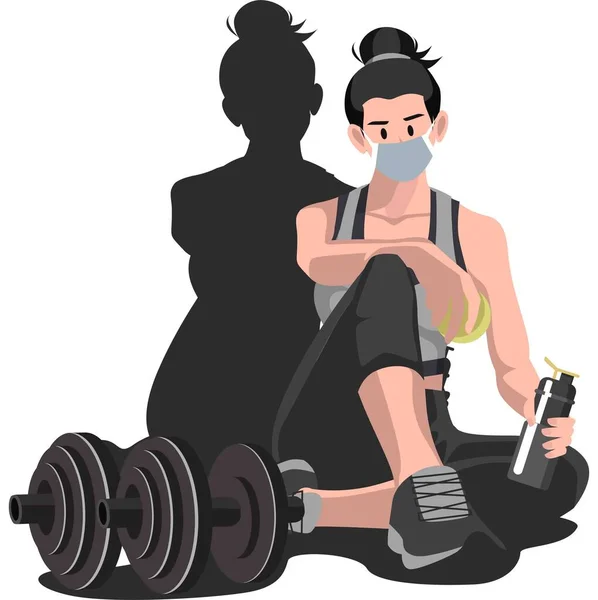 Woman Medical Mask Resting Floor Fitness Using Barbell — Stock Photo, Image