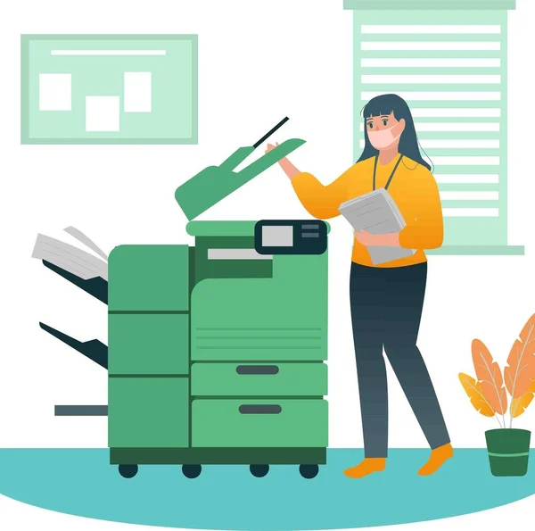 Tıbbi maskeli bir kadın fotokopi makinesi kullanıyor.