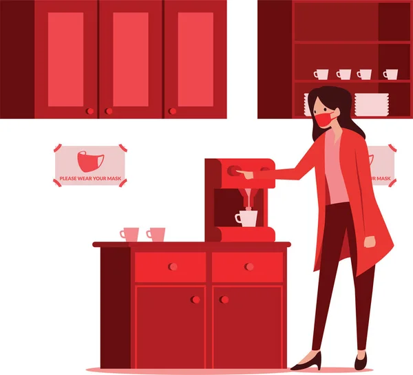 Wanita Bertopeng Membuat Secangkir Kopi Pantry Illustration Kantor — Stok Foto