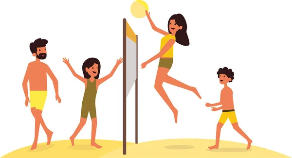 一个快乐的家庭在海滩度假时一起打排球 — 图库照片