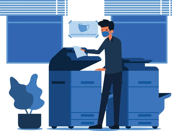 Masked worker man is using photocopy machine in the office illustration
