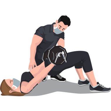 Jimnastik hocası, spor salonu üyesine halter pozisyonunu öğretiyor.