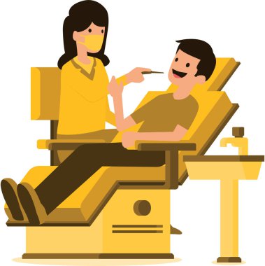 Diş bakımı illüstrasyonunda hastanın dişlerini kontrol eden bir dişçi.