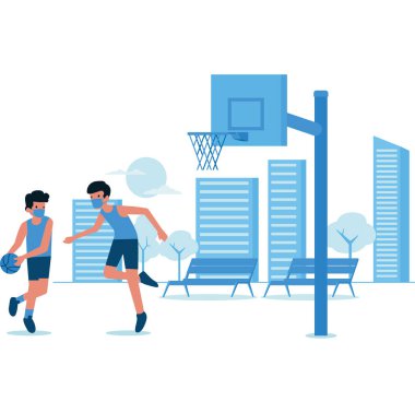 Basketbol sahasında iki erkek birlikte basketbol oynuyor.