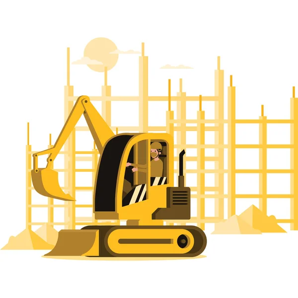 Ilustración Del Hombre Constructor Que Controla Excavadora Sitio Construcción Del — Foto de Stock
