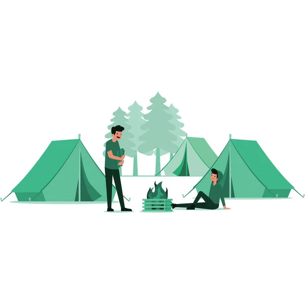 2 men are camping together in the woods illustration