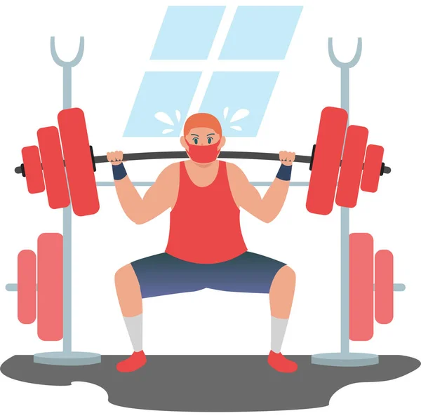 强壮有力的蒙面男子用巨大的杠铃锻炼手臂肌肉 — 图库照片
