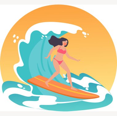 Yeni normal tatilde denizde maskeli bir kadın sörf yapıyor.