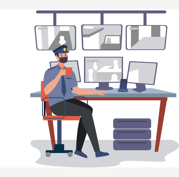 Maskeli güvenlik görevlisi iş olarak güvenlik kameralarını izliyor.