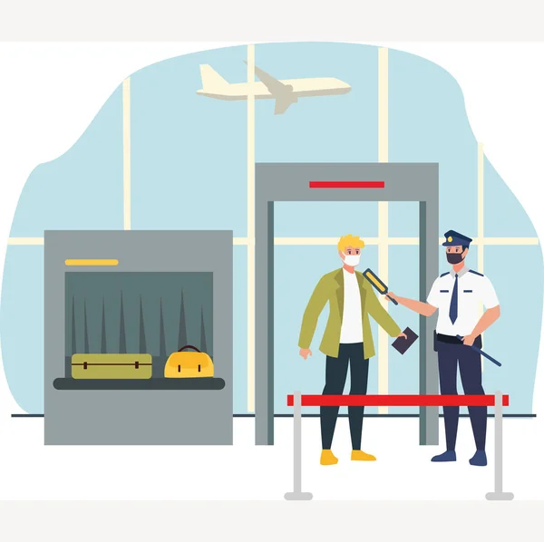 新しい通常のイラストの間に空港ゲートで乗客の体温をチェックするマスクセキュリティ担当者 ストック写真
